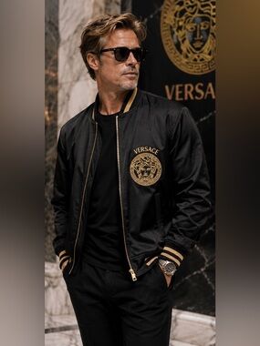 Versace Black and Gold lambskin  leather bomber  Jacket - Men's Designer Varsity
